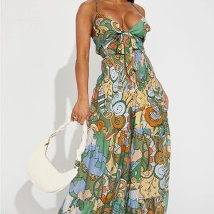 Boho Green Multi Print Tie-Front wide leg jumpsuit